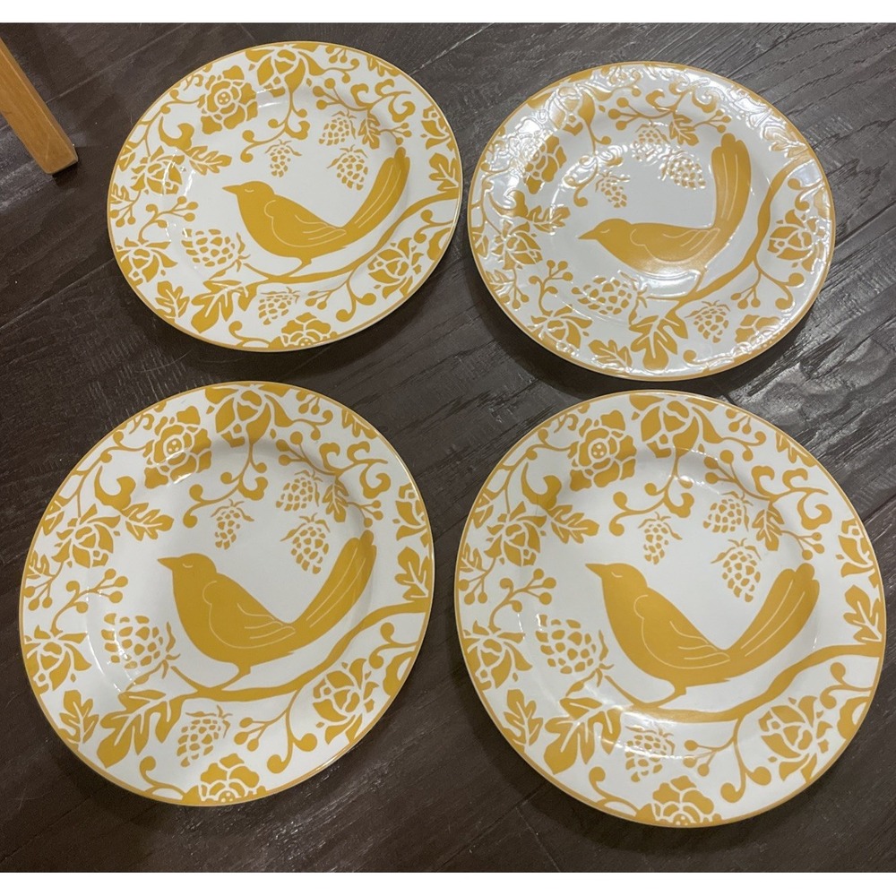 Pier 1 Yellow Bird Floral Flowers Stoneware 8 Inch Salad‎ Plates Plate Set Of 4